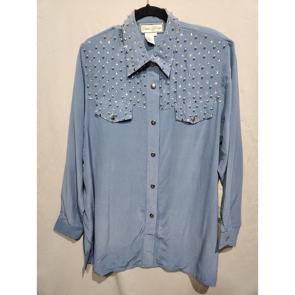NEW Diane Gilman 100% Silk Embellished Rhinestone Studded Western‎ Blouse Large